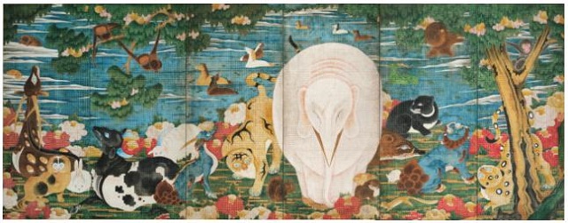 伊藤若冲「樹花鳥獣図屏風」