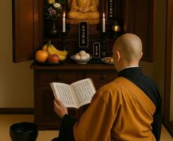 お仏壇の前に座り、お経をあげているお坊さん