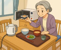 一人暮らしのマンションで食事の用意をする高齢者