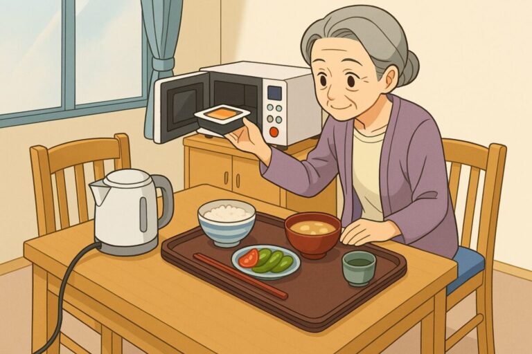 一人暮らしのマンションで食事の用意をする高齢者