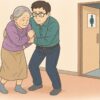 足が上がらない高齢の母親を支えてトイレに向かう図