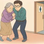 足が上がらない高齢の母親を支えてトイレに向かう図