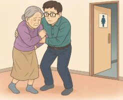 足が上がらない高齢の母親を支えてトイレに向かう図