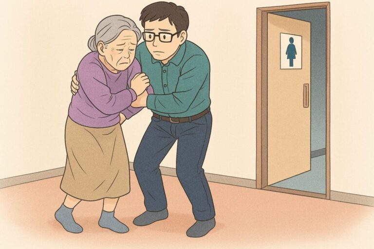 足が上がらない高齢の母親を支えてトイレに向かう図